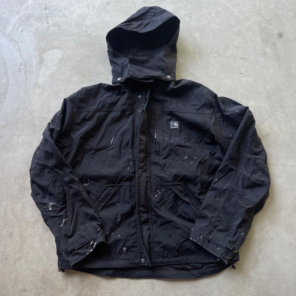 Carhartt J162 BLK Shoreline Jacket Mens Medium Black Nylon Hooded‎ Coat Paint